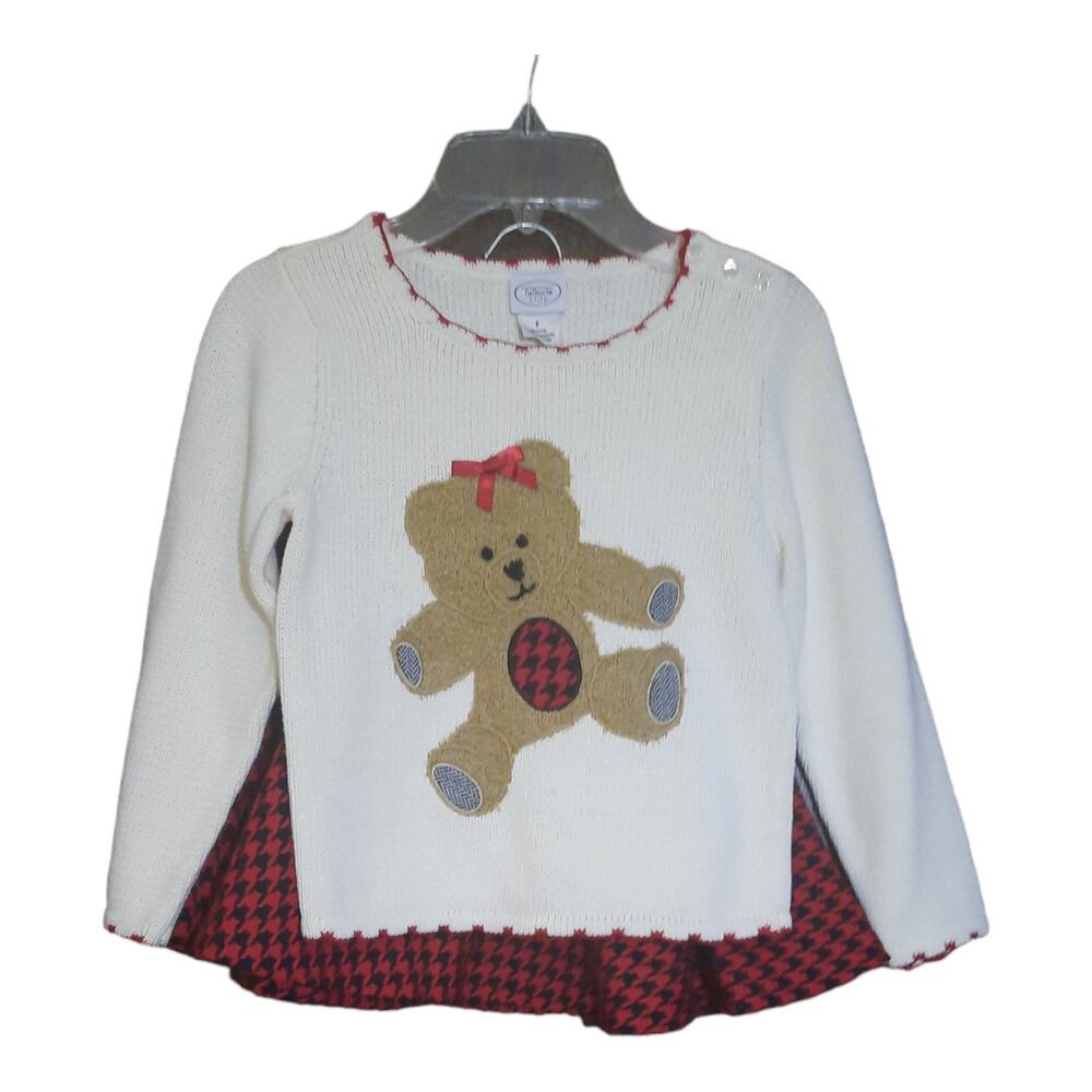 Talbots Kids Girls 2 Piece Teddy Bear Sweater Houndstooth Skirt Set Size 5/6